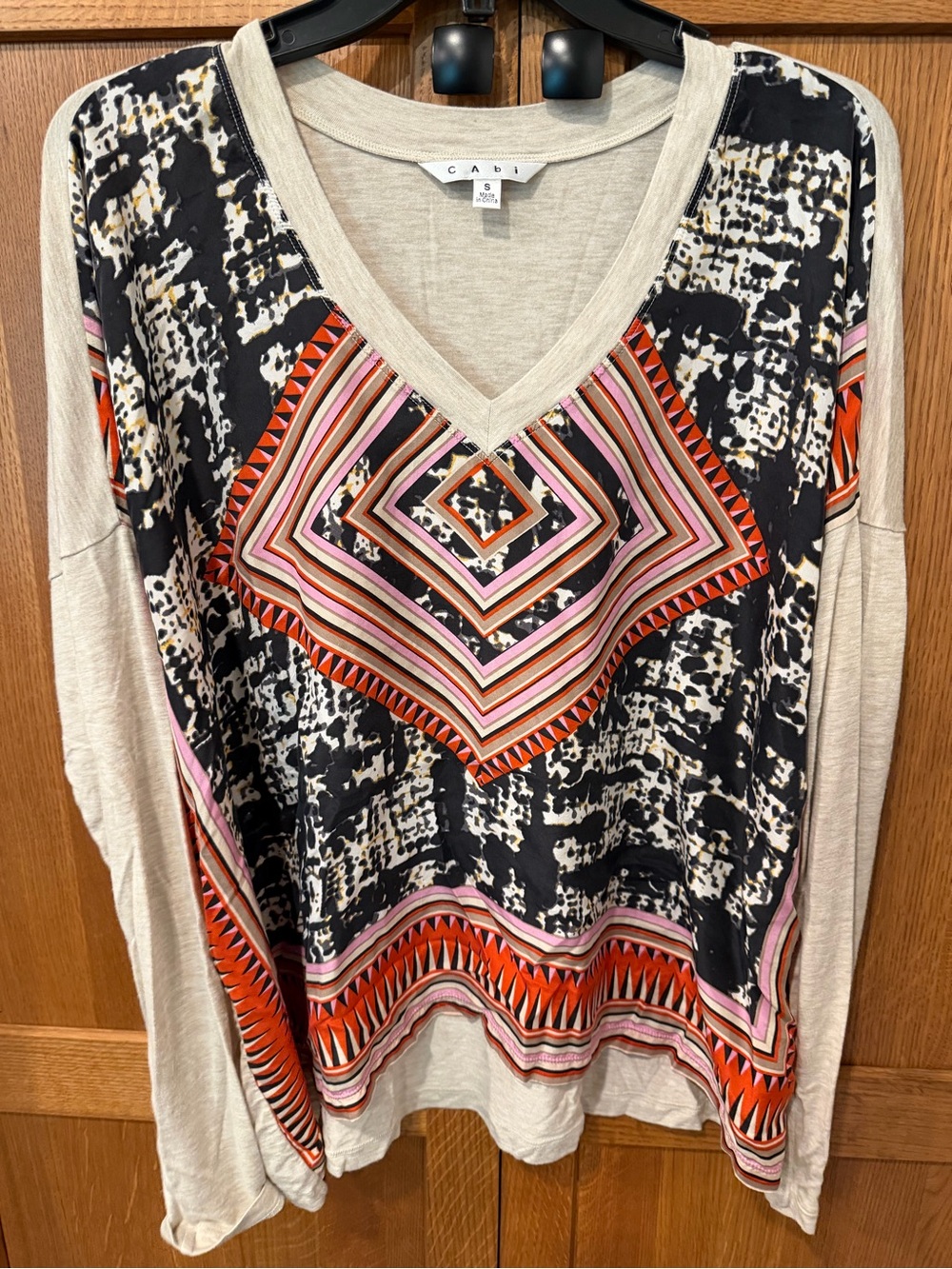CAbi Beige V-Neck Top with Black, Pink & Orange Geometric Print